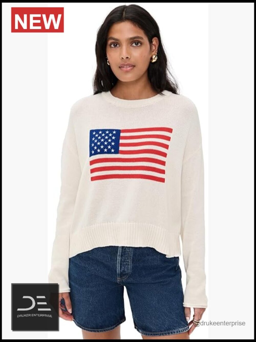 Lightweight Knit Pullover Sweater with American Flag Graphic